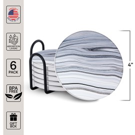 Emerson Coasters for Drinks Absorbent – Natural Stone Drink Coasters Set with Holder, Coasters for Coffee Table, Wooden Tabletop Protection Marble Style – 100% Heavy Duty Set of 6 (Sea)