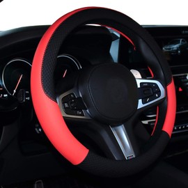 SHIAWASENA - Funda de piel para volante de coche, ajuste universal de 15 pulgadas, antideslizante y sin olor (negro y rojo brillante)
