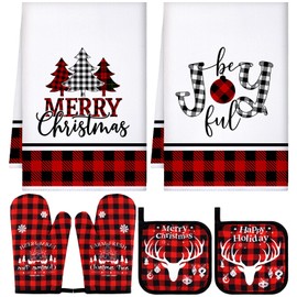 Bencailor 6 Pcs Christmas Kitchen Decor Kitchen Towel Oven Mitts and Potholder Set Buffalo Plaid Gnome Pot Holder Dish Towel Heat Resistant Hot Pad for Cooking (Tree)