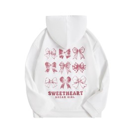 Verdusa Girl's Bow Letter Graphic Hoodie Lightweight Sweatshirts Cute Long Sleeve Pullover Top White 10Y