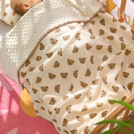Baby Summer Blanket Polka Dot Pattern Breathable Baby Cooling Blanket Skin Friendly Soft Multifunctional Toddler Nursery Stroller (Little Bear)