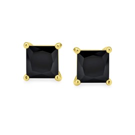 1 CTW Black Square Stud Earrings Cubic Zirconia Princess Cut CZ Basket Set 14K Gold Plated Sterling Silver 8mm