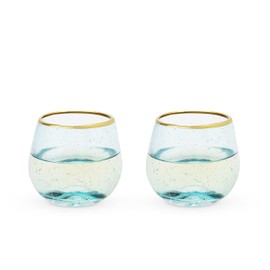 Twine Aqua Bubble Gold Rim Stemless Wine Glasses, Tinted Glass, Set of 2, 12 oz Capacity