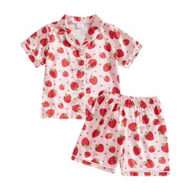 MAHUAOYIXI Toddler Kids Girls Summer Satin Pajamas Outfits Short Sleeve Watermelon Print Lapel Button Down Shirts Top with Elastic Waist Shorts Sets 2Pcs Sleepwear Loungewear (Rose, 4-5 Years)