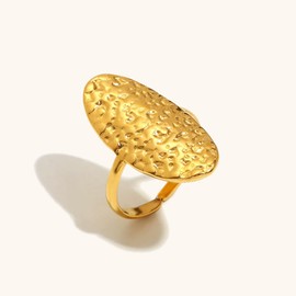 Adjustable Oval Hammered Statement Ring, 18K Gold Plated Stainless Steel Open Band, Textured Chunky Ring for Women, French Vintage Style