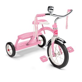 Radio Flyer Classic Style Steel Framed Dual Deck Kids Tricycle Ride with 12 Inch Spoked Front Wheel, Handlebar Bell, and Streamers, Pink