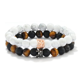 POSHFEEL 8mm Natural Stone CZ Micro Pave Crown King Queen Beads His and Hers Couple Bracelet, 7.5" (Brown&Black&White)