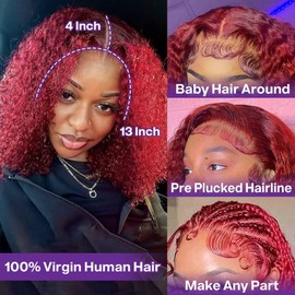 HIRIREMY Peluca De Cabello Humano Con Ondas Profundas Color Burdeos, Corte Bob, 13 X 4, Hd 99J, Encaje Frontal Color Burdeos, Para Mujeres Negras, Cabello Humano Pre-Arrancado, Para Llevar Sin Pegamen