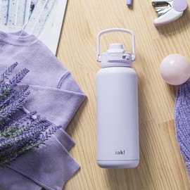 Zak Designs Beacon Water Bottle for Travel or At Home, 32oz Stainless Steel is Leak-Proof and Vacuum Insulated with Silicone Spout, Cover, Carry Handle, Protective Base (Smoky Lilac Purple)