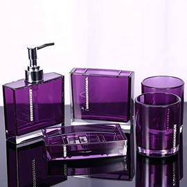 Juego de Accesorios de Baño Moderno de Acrílico Morado, 5 Piezas Dispensador de Jabón, Soporte para Cepillos y Más