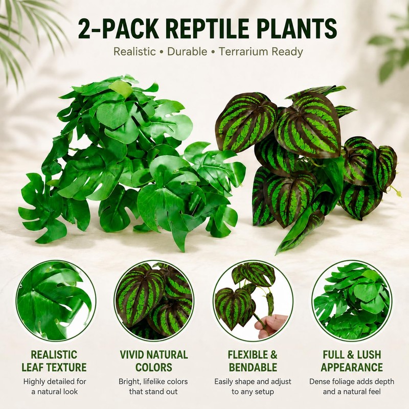 2 Pc Reptile Plants for Terrarium Decor,Amphibian Habitat Decor,Fake Plant