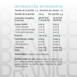 Dr Will Creatina Monohidratada alta pureza, Suplemento Alimenticio sin Sabor, 500g, 100 Servicios, 200 mesh - Creatina con alto grado de solubilidad
