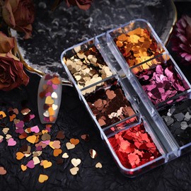 6 Grids Valentines Day Nail Art Heart Glitter 3D Nail Decals Holographic Nail Sequins Confetti Nails Designs Valentine Glitter Sticker for Women Nail Decoration Eye Face Body DIY Crafts