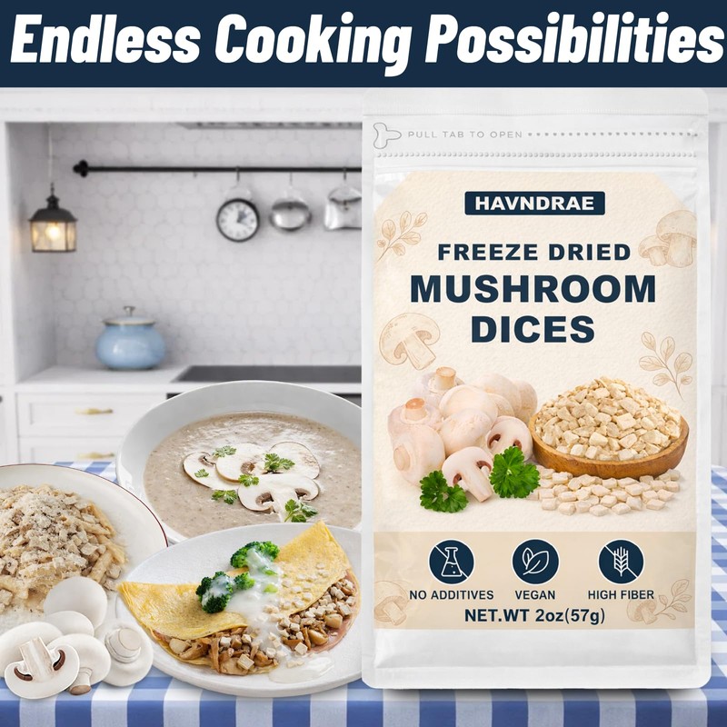 2oz Freeze-Dried Mushrooms Dices, High Quality Dehydrated Mushrooms from White