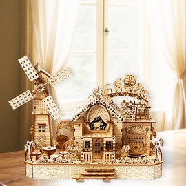 3D Wooden Puzzle Cottage with Rotating Windmill – DIY Mechanical Model Kit with Animal Miniatures, Creative Gift & Home Decor for Adults & Teens
