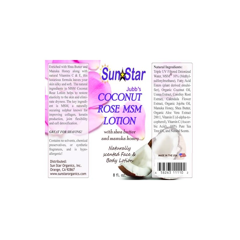 Sun Star Organics - Naturally Scented, Coconut Rose MSM Lotion