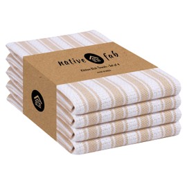 Native Fab 100% Cotton Beige Kitchen Towels 16x26 inches Set of 4 - Basket Weave Stripe Dish Towels for Drying Dishes, Absorbent Dish Cloths Set with Hanging Loop - Beige White