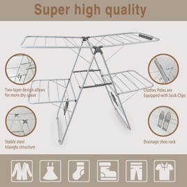 SONWIN Large Capacity Double Drying Rack, Folding Rustproof Drying Rack with Non-Slip Clips and Drainage Shoe Rack, Height Adjustable, Airy and Quick Drying, Suitable for Balcony and Outdoor Use