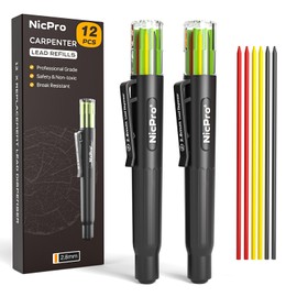 Nicpro 12 Pcs Carpenter Pencil 2.8mm Lead Refills, Replacement Lead Dispenser (including 4x Black, Red, Yellow), Break Resistant 2.8 mm Leads for Construction Pencils, Woodworking Pencils