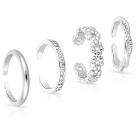 Mikovivi 4pcs Adjustable Toe Rings for Women, 4 Styles Non-Tarnish Diamond Flower Plain Open Toe Ring Beach Foot Jewelry for Women (Silver)