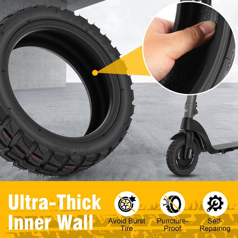 10x2.75-6.5 Scooter Tire, Electric 10 inch Rubber Tubeless Wheels Off-Road
