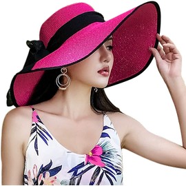 DRESHOW Womens Bowknot Straw Hat Foldable Beach Sun Hat Roll up UPF 50+