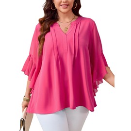 SCOMCHIC Women's Plus Size Blouse 3/4 Sleeve V Neck Chiffon Dressy Casual Shirts Business Work Office Tunic Tops XL-5XL, Hot Pink, 4X-Large Plus