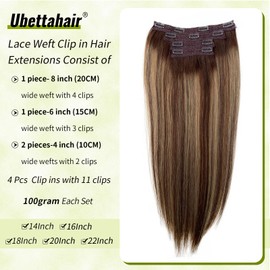 Hair Extensions Clip in Real Human Hair,Ombre Brown to Chocolate Brown with Caramel Blonde Highlights Hair Extensions Clip in for Women, 4 Pcs Double Weft Seamless Hair Extensions Clip ins 100G 16Inch