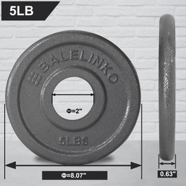 Balelinko Cast Iron 2-Inch Olympic Grip Plate Weight Plate for Strength Training, Weightlifting and Crossfit, Set of 2, 5LB, Gray
