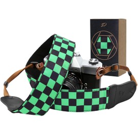 Padwa Lifestyle Green and White Plaid Camera Strap - 2" Wide Double Layer Cowhide Head,Cotton Camera Shoulder Straps,Grid Pattern Adjustable Camera Neck Strap for all Cameras,Gift for Photographers