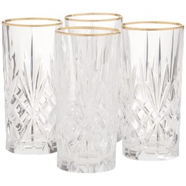 Lorren Home Trends Siena Collection Crystal Water Beverage or Ice Tea Glass with Gold Band Design, Set of 4,12 ounces