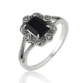 Gemondo USA Sterling Silver 925 7x5mm Octagon Black Spinel & Marcasite Art Deco Inspired Statement Ring