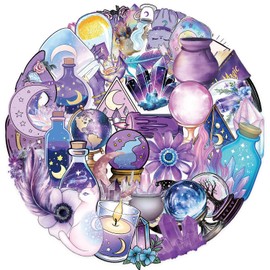 Transparent Holographic Gold Foil Magic Witch Stickers 50 Pcs Vinyl Cartoon Astrology Sticker for Water Bottle Skateboard Luggage Laptop Bumper Scrapbook Car,Funny Magical Wicca Decal for Teens Girls