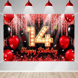 Happy 14th Birthday Backdrop Banner Black and Red Theme Background with Neon Shiny Fashion Birthday Party Photo Photography Prop Booth Background for Boys Girls Celebration 70.8x47.2in-BECKTEN