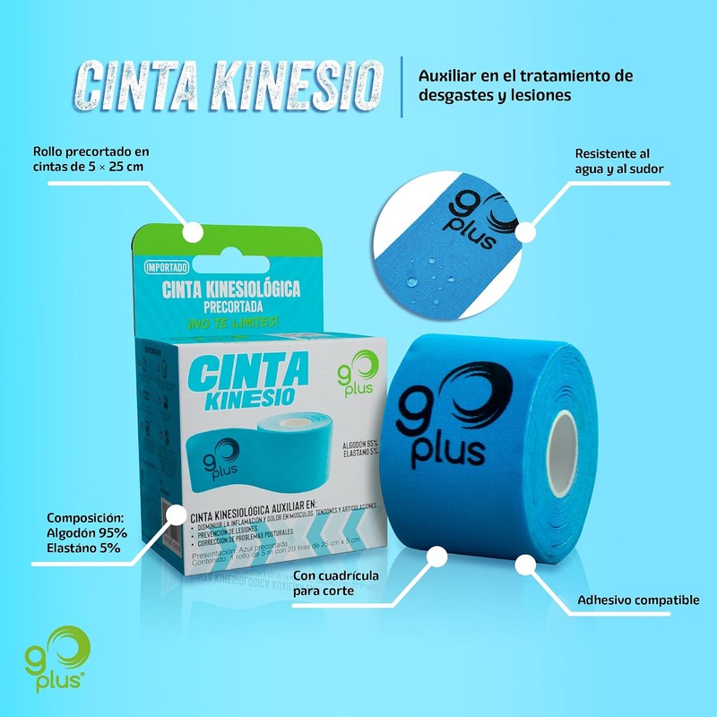 Cinta Kinesiologica Azul 5 m Precortada Go Plus
