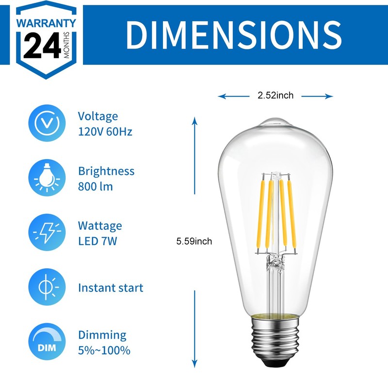 ANWIO ST21 LED Filament Bulb 7W(60 Watt Equivalent) Dimmable 2700K