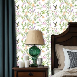 HOMETITUTE Hummingbird Floral Garden Wallpaper Peel and Stick Contact Paper Wall Paper Stick 17.7" x 118.1" Self Adhesive Removable Vinyl Wall Covering Bedroom Kitchen Home Decor