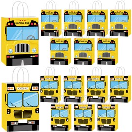 EoBeCy 16 Pcs School Bus Goodie Bags, Yellow Bus Gift Snacks Candy Treat Bags with Handles for Kids First and Last Day Welcome Back to School Birthday Party Favor Supplies