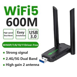 AC600Mbps Dual Band High Gain Antenna 2.4GHz/ 5GHz Wireless Network Adapter for Desktop PC，Wireless USB WiFi Adapter for PC，Supports Windows11/10/8/7/XP.