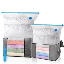 Leavans Pack of 2 Storage Bags, 2 Vacuum Bags for Clothes, 1 Hand Pump, Clothes Storage, Moving Boxes, Wardrobe Organiser, Foldable, for Clothes, Duvets and Bed Linen