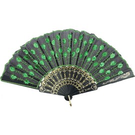 INNOLIFE Elegant Colorful Embroidered Flower Peacock Pattern Sequin Fabric Folding Handheld Hand Fan Hand-Crafted (Green)