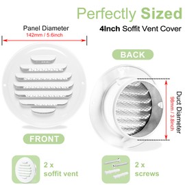 4 Inch Round Air Vent Cover, FocuVenHom Stainless Steel White Soffit Vent Cover Louvered Grille Wall Vent with Built-in Fine Mesh for Garage, Apartment, RV (100mm - 2PCS)