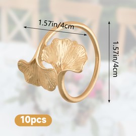 URROMA Gold Napkin Ring, 10pcs Metal Ginkgo Leaf Napkin Holders Buckles Napkin Rings for Wedding Party, Dinner, Table Decoration