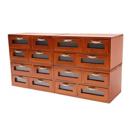 4PCS 16-Drawer Wooden Storage Box,VIntage Filing Cabinet in Walnut Wood,16-Slot Wooden Desk Drawer Unit with Handles,Multi Level Countertop Drawer Organizer,23.6x7.3x12"