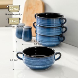 Hasense French Onion Soup Bowls with Handle, 24 oz Ceramic Serving Dishes Crock for Daily Use, White Ramen Bowls for Chili, Stew, Cereal, Pasta, Microwave and Dishwasher Safe