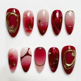 24Pcs Ombre Red Press on Nails Medium Almond Fake Nails 3D Texture Gold Chrome Design Glossy Full Cover Artificial Nails Gold Stars Glue on Nails French Tip False Nails for Women Girls Acrylic Nails