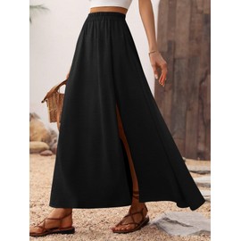 Zeagoo Skirt Women's Long Elegant Summer Skirts A-line Elastic High Waist Maxi Skirt Plain Flowy Casual Skirt Beach Skirt with Slit S-XXL, black, M
