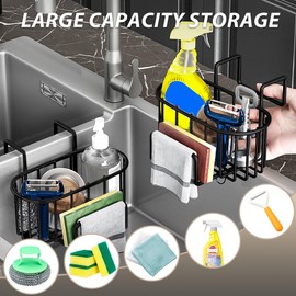 Volminex 2 in 1 Schwammhalter Küche Edelstahl, Spülbecken Organizer mit Haken, Metalle Spülschwammhalter Ohne Bohren, Küchen Spüle Organizer für Schwamm, Bürste, Spültuch, Spülenstopfen (Schwarz)