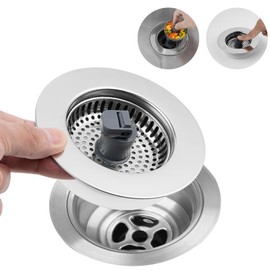 Hibbent 3 in 1 Kitchen Sink Drain Strainer, Stainless Steel Wrapped Shell Drain Stopper Combo, Pop Up Sink Stopper, Stainless Steel Anti-Clogging Basket Strainer for US Standard 3-1/2" Drain