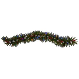Nearly Natural 6ft. Snow Tipped Extra Wide Artificial Christmas Garland with Pinecones, Berries and 100 Multicolor LED Lights